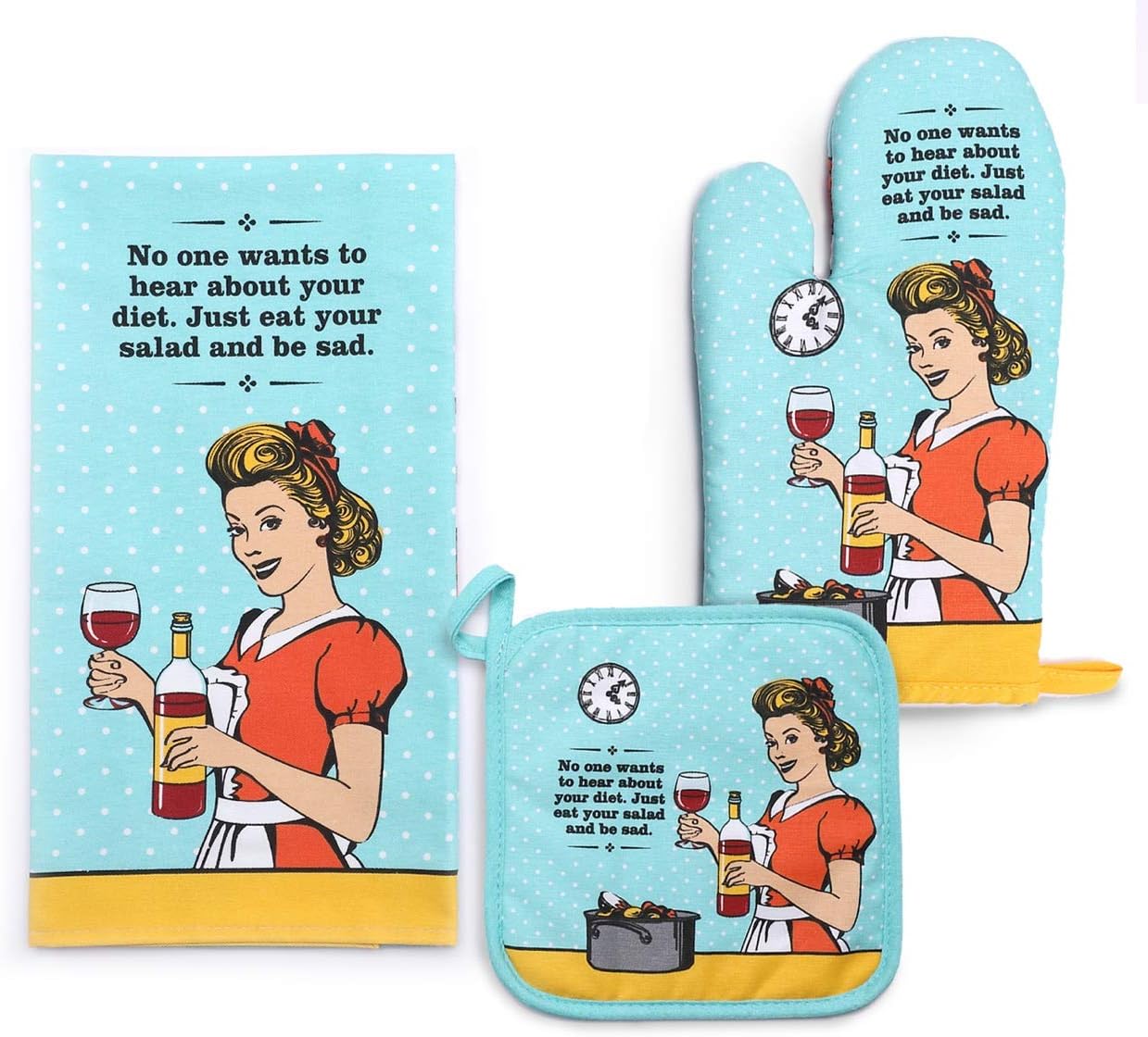 Funny Oven Mitt, Potholder, and Tea Towel Set - Perfect Housewarming Gift