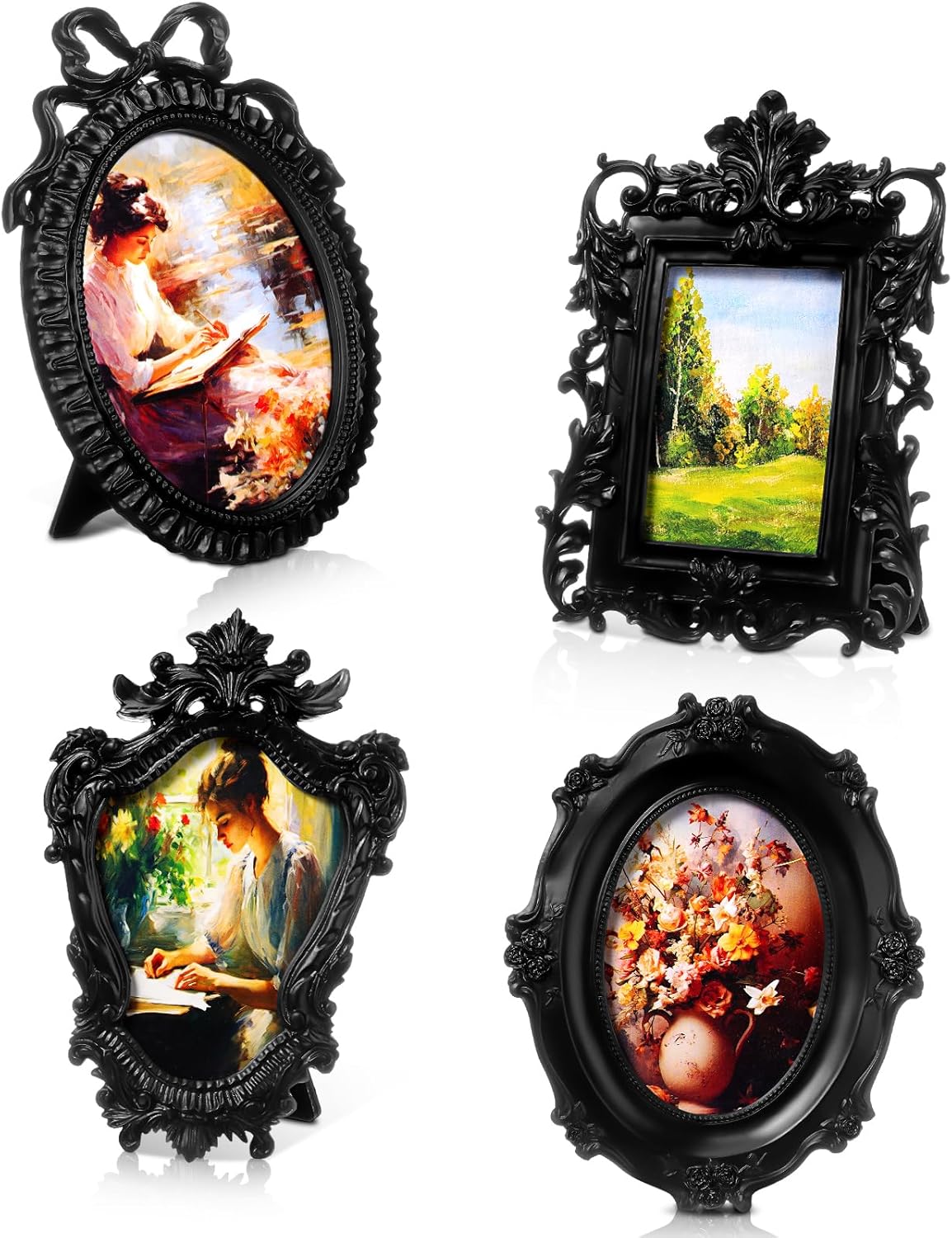 Geetery 4 Pcs Black Gothic Vintage Picture Frames Set Antique Picture Frame Small Mini Luxury Ornate Oval Circle Rectangle Wall Hanging Decor for Gallery Wall Photo Display Tabletop Home Decoration