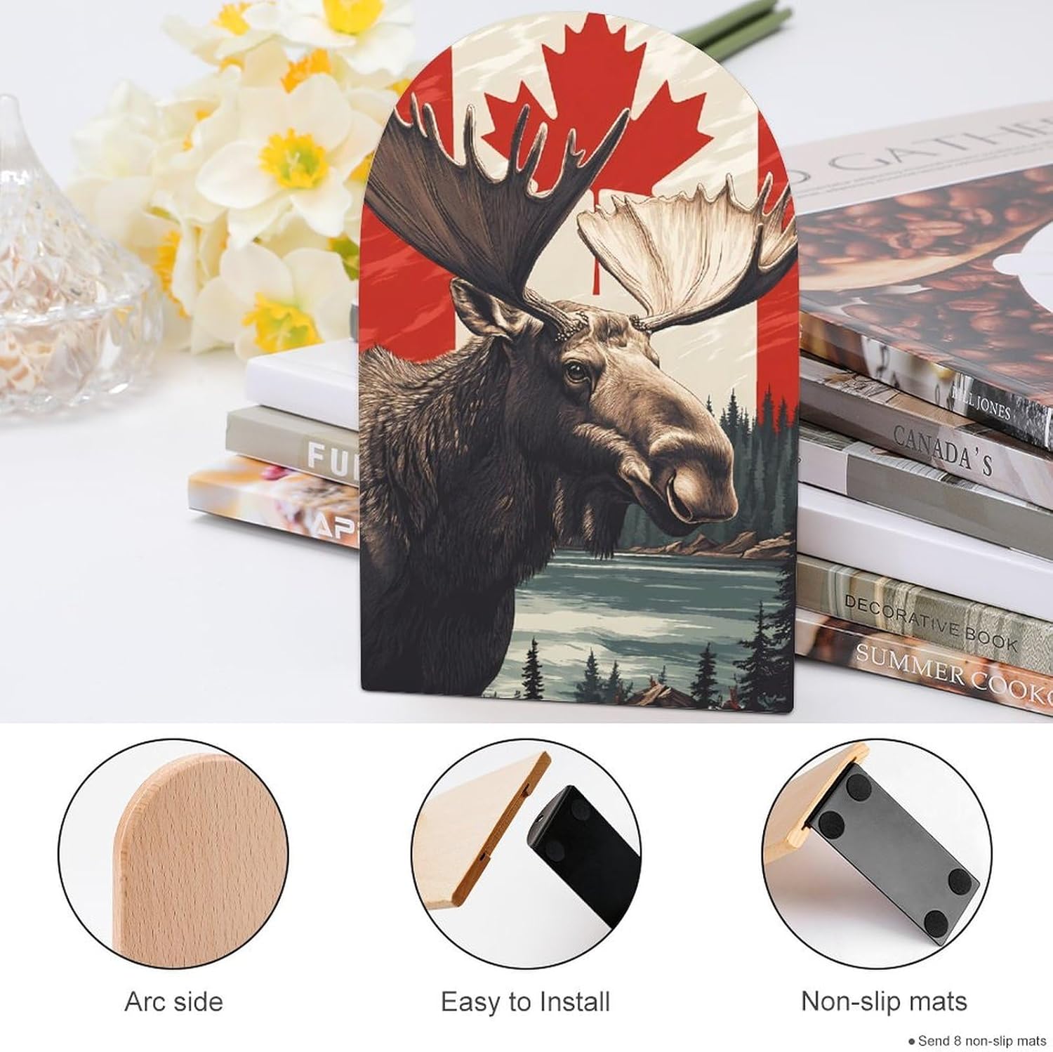 Moose Canada Flag Cute Wood Book Ends Decorative Bookends 1 Pair Non-Skid for Shelves Home Office 7 X 5 Inch