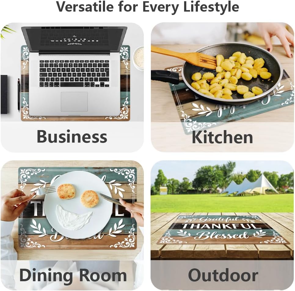 Peacoblue Thankful Grateful Blessed Board Faux Leather Placemats Set of 4,12"x17" Waterproof Washable Heat Resistant Table Place Mats for Indoor Outdoor Party Kitchen Dining Table Decoration