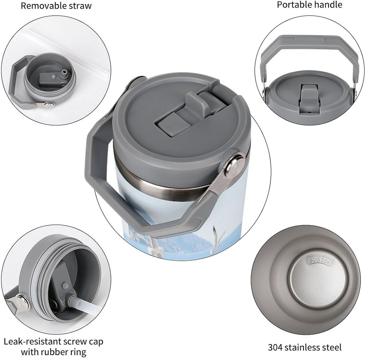 30 Oz Insulated Mug with Handle Lid And Straw Seagulls Chasing Boats Pattern Large Metal Sports Bottle Great for Gifts Parties Office Coffee