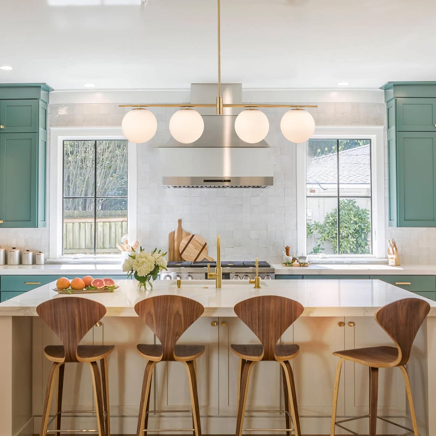 45.3" Modern Linear Chandelier 4-Lights Milk Glass Globe Linear Pendant Light Fixture Brushed Gold Mid Century Chandelier Kitchen Island Dining Room Light Fixture Over Table