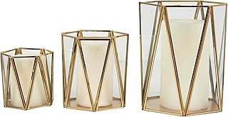 CosmoLiving by Cosmopolitan Metal Geometric Triangle Patterned Hexagon Candle Lantern with Clear Glass, Set of 3 9", 6", 5" H, Gold