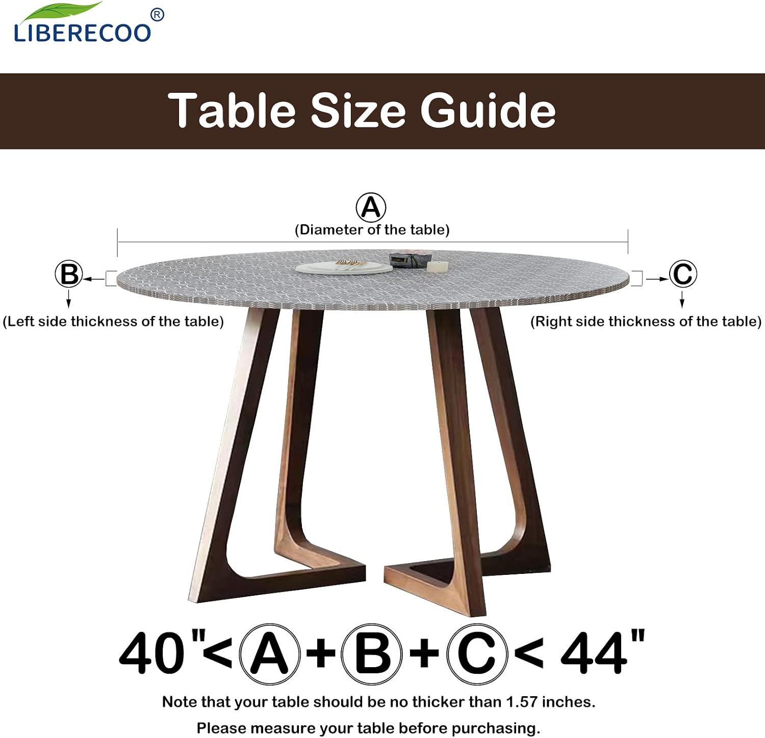 LIBERECOO Round Vinyl Fitted Tablecloth with Flannel Backing Elastic Edge Plastic Table Cover Waterproof Table Cloth Stain-Resistant Wipeable for 40"-44" Round Table