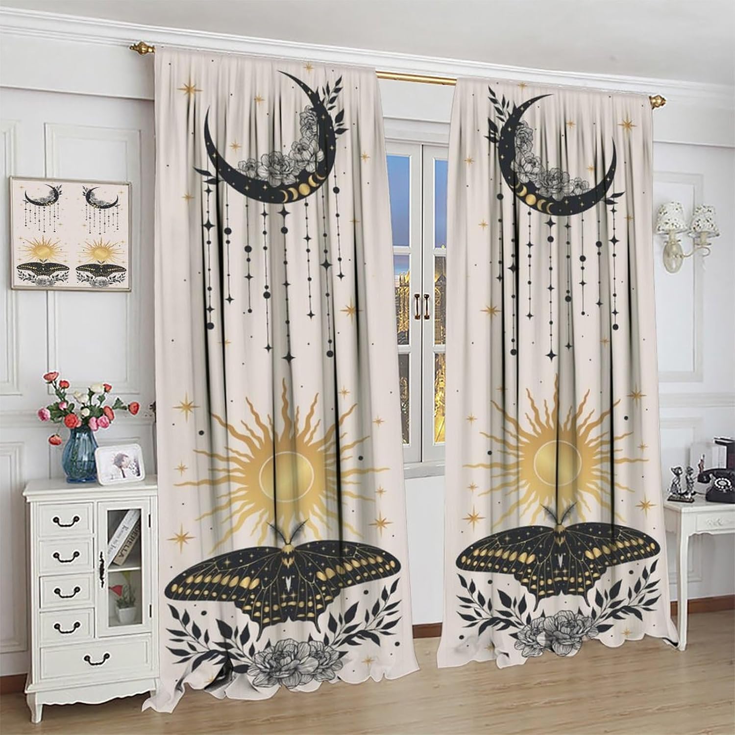 Moth Curtain Boho Vintage Sun Moon Flower Pattern Blackout Print Rod Pocket Window Drapes for Bedroom Living Room 42x45in