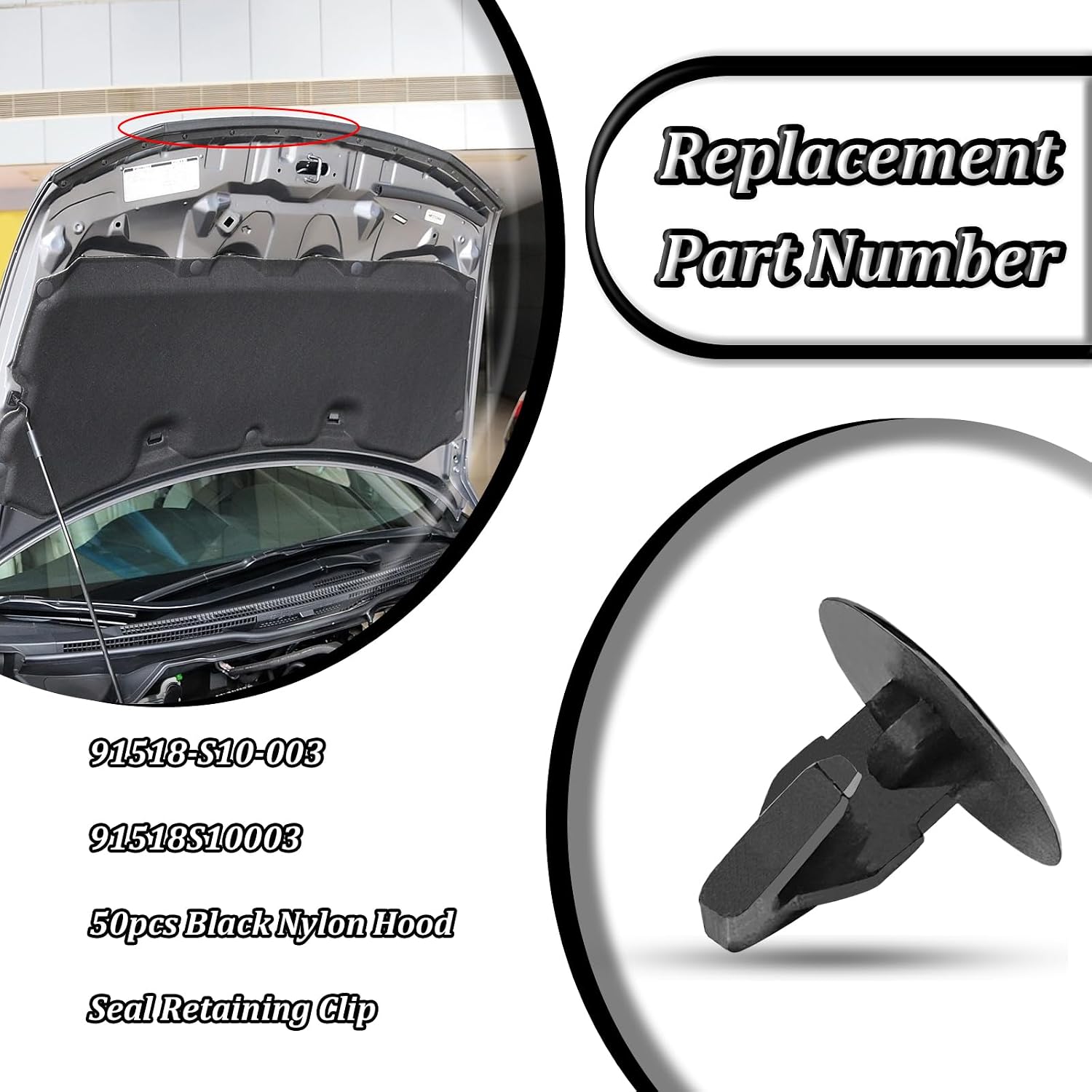 50PCS Hood Seal Retaining Clip, Compatible with Honda Accord Civic Odyssey Passport Pilot Ridgeline Acura MDX RDX RL TSX, Replaces# 91518-S10-003