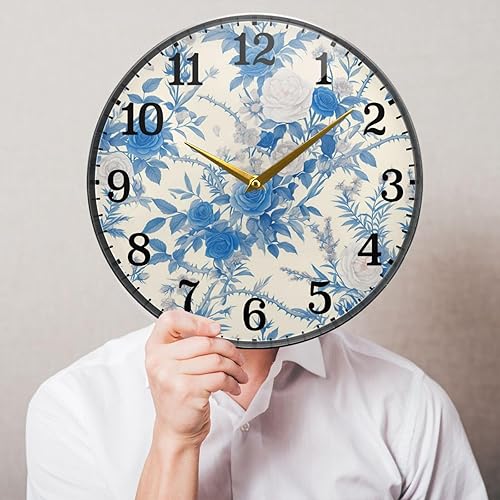 Miniatura 4 de Acrylic Clock Retro Blue White Roses 11.9 Inch Round Wall Clock for Garage Workshop Silent Art for Bathroom Living Room Farmhouse