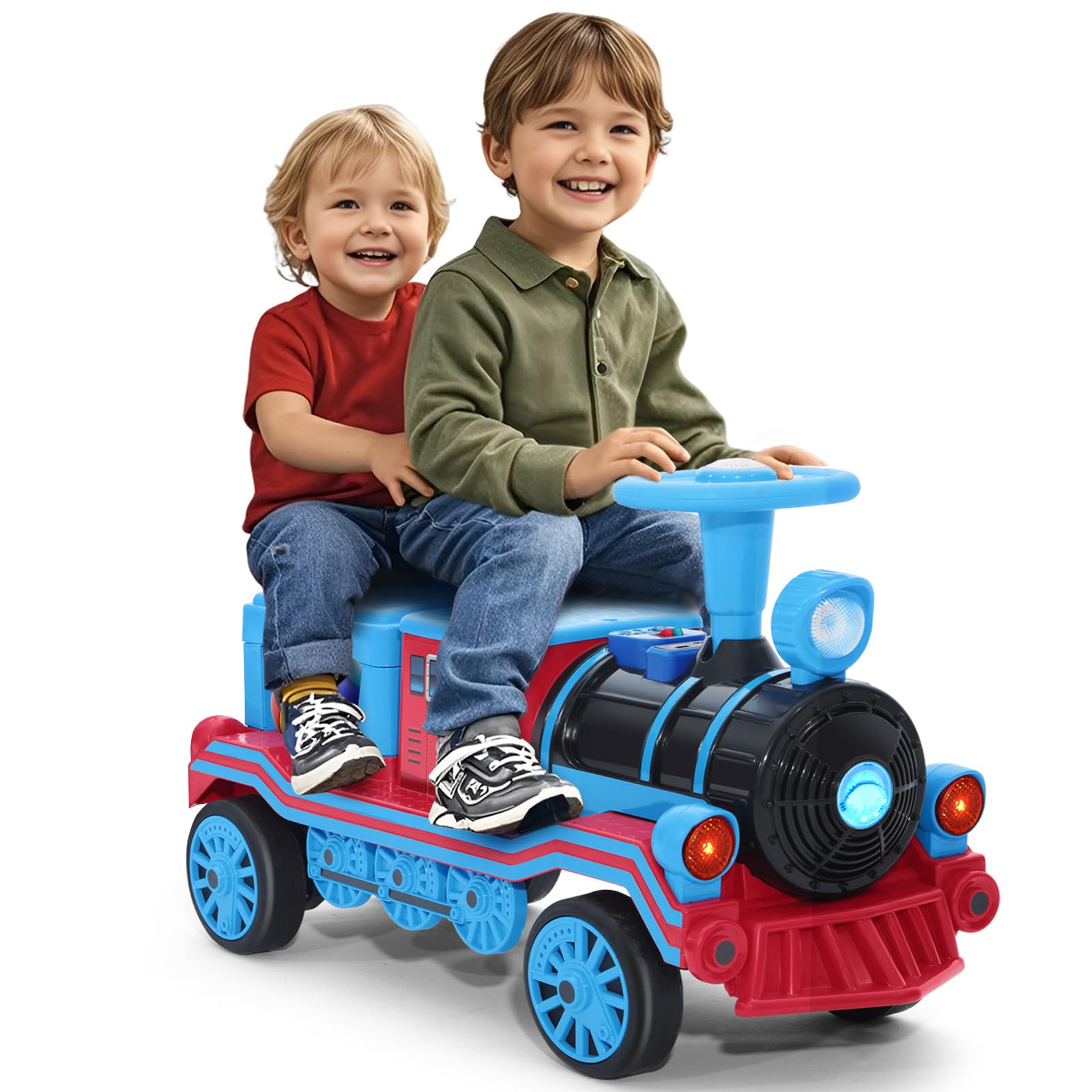 JOYLDIAS 2 Seater Ride On Train, 12V Kids Ride On Toy with Music, Train Honk, Lights, High/Low Speed and Storage, Electric Car for Kids Aged 3+, Blue