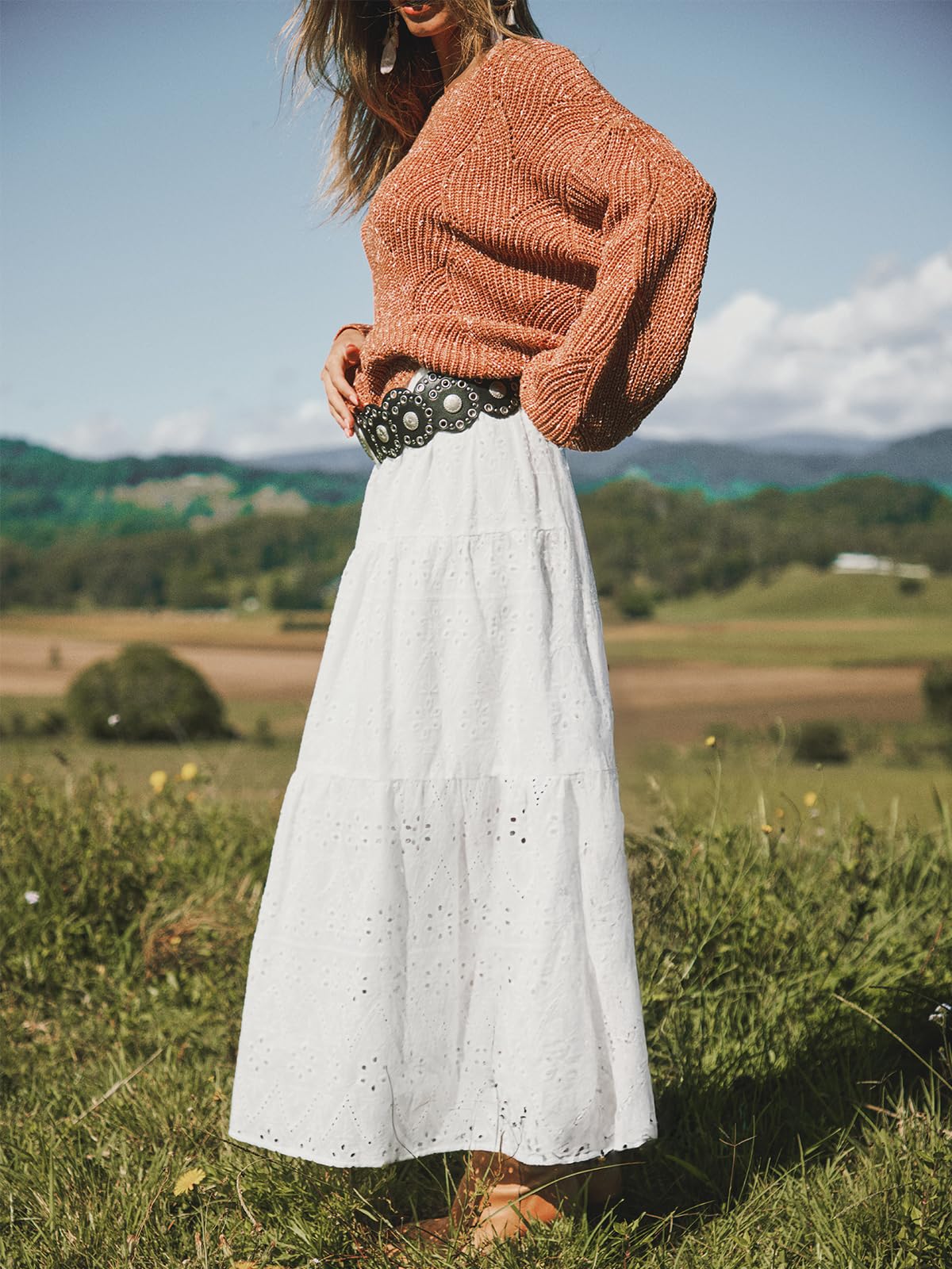 CUPSHE Gonna da donna in cotone con traforato, con volant casual a vita alta