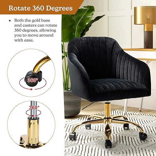 Miniatura 5 de HULALA HOME Silla de escritorio de oficina de terciopelo mostaza, silla giratoria para computadora con base de metal cromado, silla de trabajo