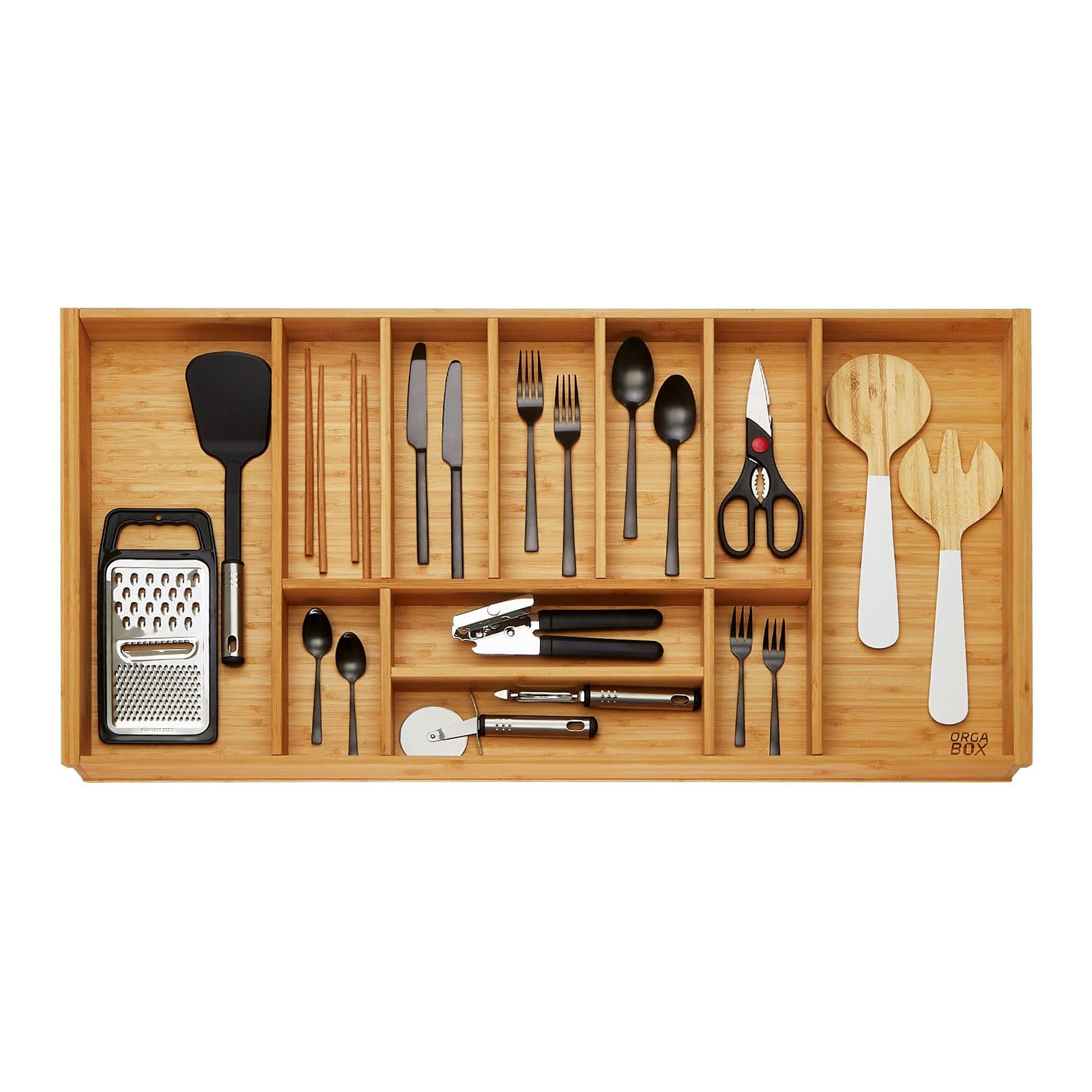 Orga-Box 3 BAMBUS Besteckeinsatz für 100er Schublade (473 x 897 mm) mit 11 Fächer Holz-Schubkasteneinsatz für Nobilia Küchen ab August 2012