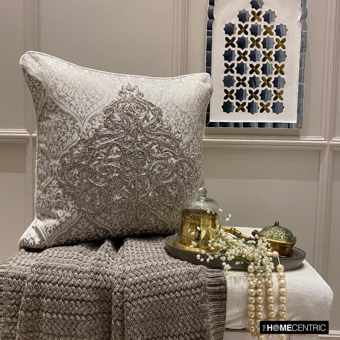 The HomeCentric Pack of 2 Decorative Throw Pillow Covers Silver 18"x18" Jacaquard Damask, Zardozi, Textured Cushion Covers for Couches and Sofas, Hotels, Living, Bed Room, Damask - Nazanin Silver
