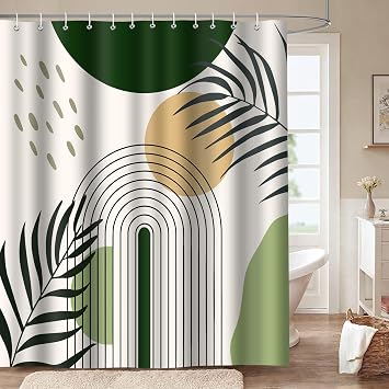 Green Boho Shower Curtain for Bathroom, Modern Theme, 72x72 Inches | Bohemian Mid Century Style, Waterproof Washable Fabric, for Home, Apartment, Hotel Bath Decor