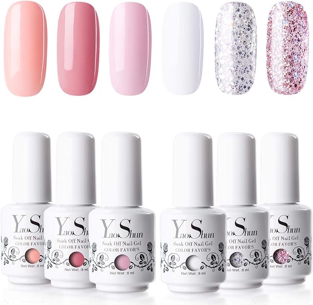 French White Pink Gel Nail Polish - YAOSHUN Gel Nail Art Kit of Nude Peach Pink White Glitter, 6 Colours UV LED Gel Polish Set, Home Use Manicure Kit 8ml each