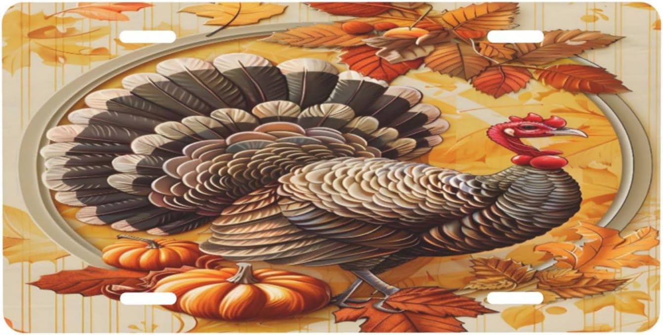 Front License Plate Thanksgiving Vintage Turkey Car Decor Accessory Aluminum Metal Decorative Car Plate Funny Novelty Vanity Tag with 4 Holes for