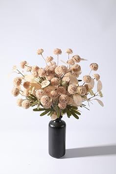 Alupssuc 10PCS Faux Silk Pompon Mums Artificial Flowers with Eucalyptus, Fake Chrysanthemum Floral for DIY Vase Arrangement, Long Stem Dining Table Centerpiece Home Decor, Beige
