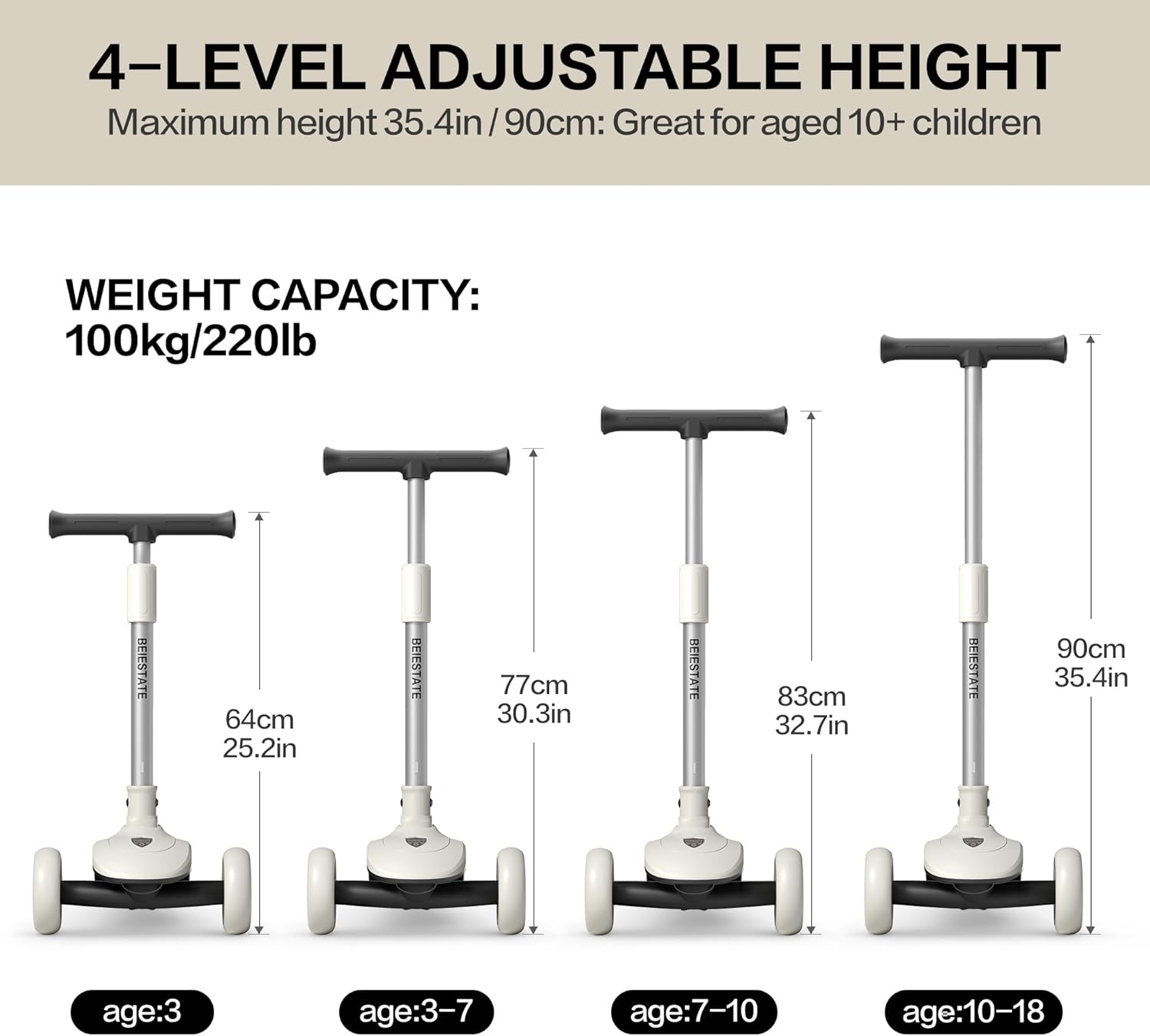 Kick Scooter for Kids Ages 3-18, Max 220 Lbs, Toddler Scooter with Adjustable Lean-To-Steer Switch, Foldable, Wide Anti-Slip Deck, Lightweight, 4 Adjustable Heights, Light up 3 Wheel Scooter - Image 6