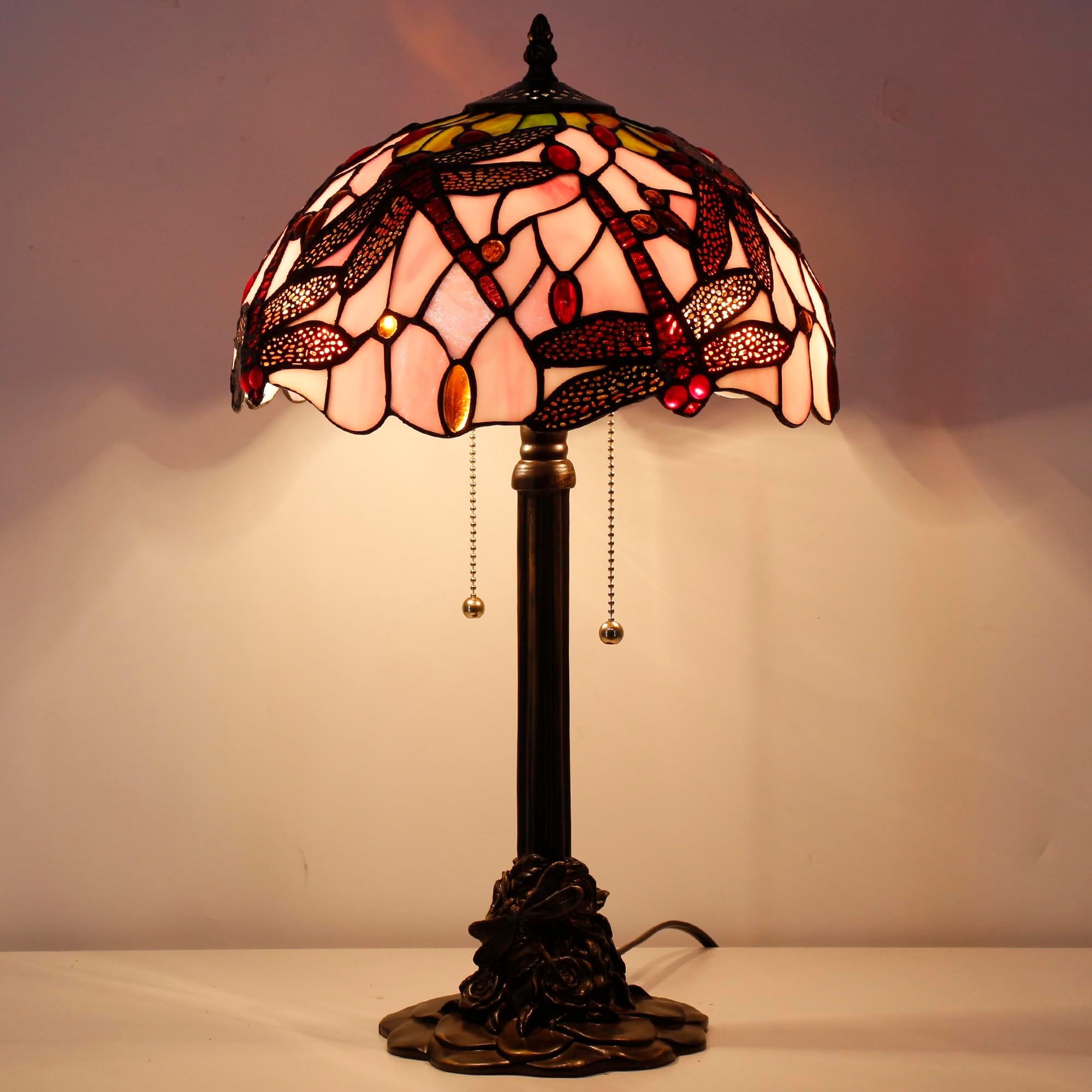 - Tiffany Table Lamp Stained Glass Desk Lamp 12X12X21Inch Resin Base for Bedroom Living Room Reading Light (Pink Dragonfly)