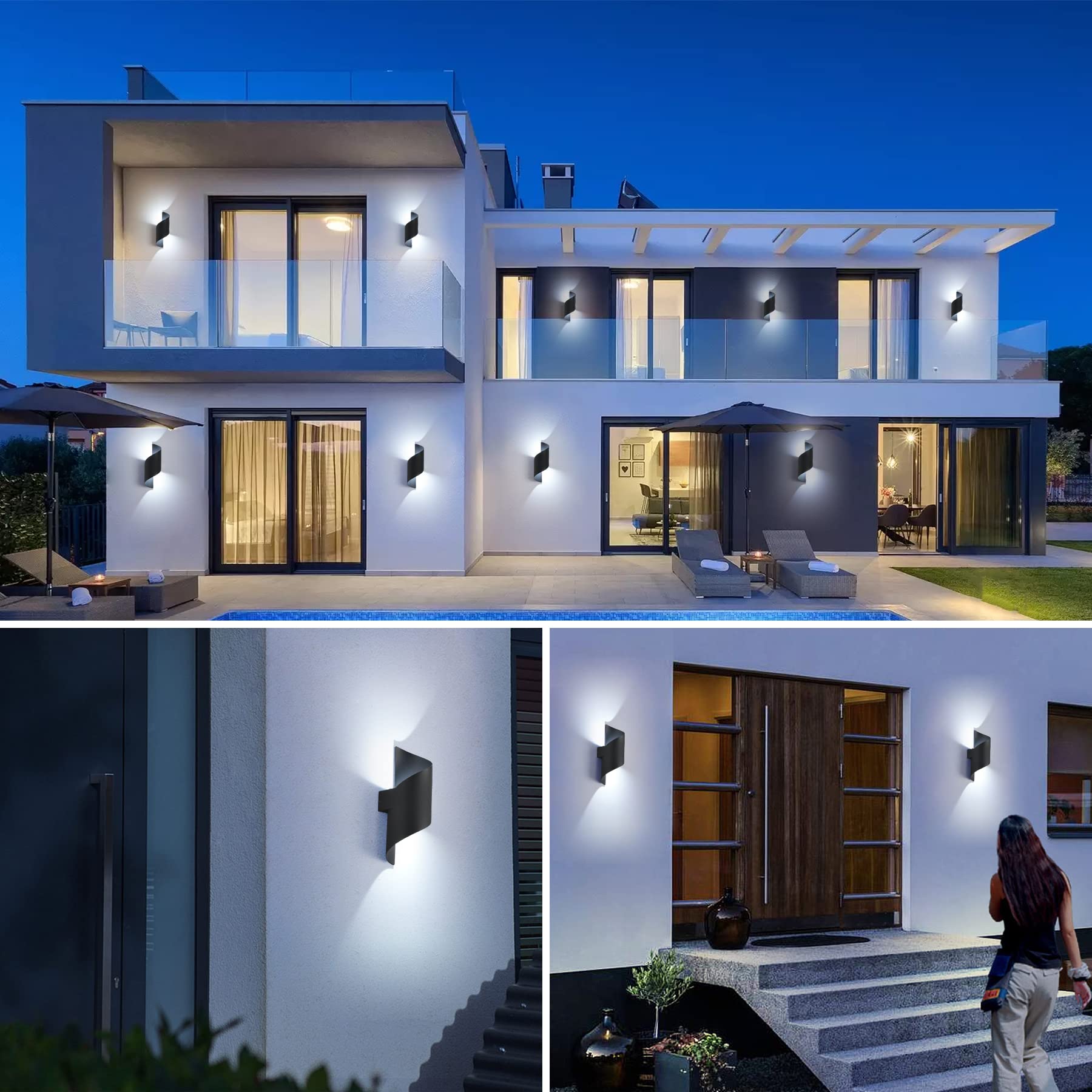 KUKAK Lampada da parete per interni ed esterni, 10 W, 6000 K, luce bianca fredda, moderna fino a giù, illuminazione da parete, impermeabile IP65, spirale in metallo, applique da parete per bar, camera