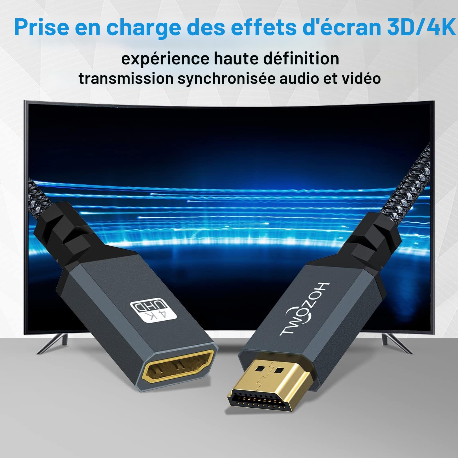 Câble d'Extension HDMI Mâle vers Femelle Twozoh, Rallonge Nylon Tressé 2.0 4K@60Hz 3D HDR (1,5M)