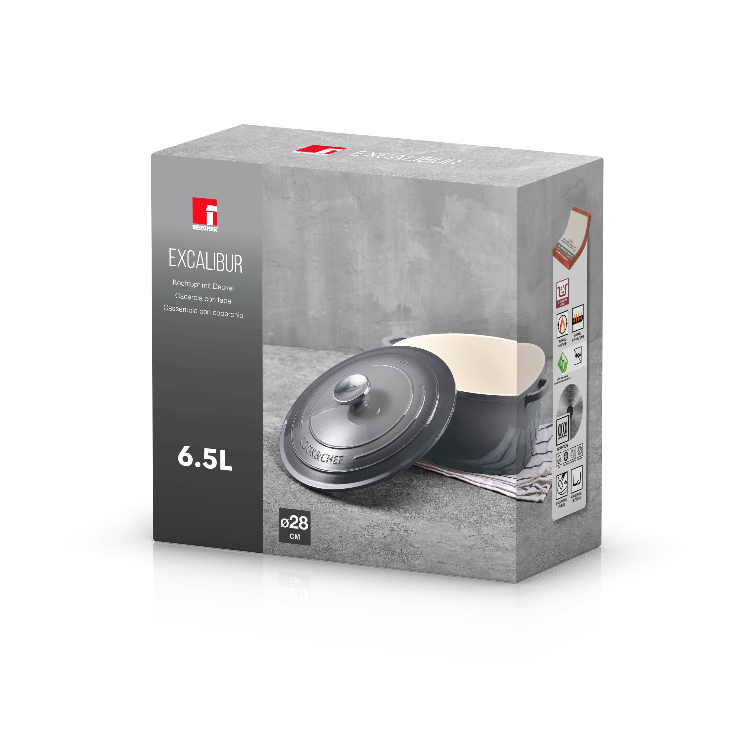 BERGNER Excalibur Grey – Cacerola Con Tapa de 28 cm – Fabricada Aluminio Fundido - Interior Recubrimiento Color Crema - Exterior Color Gris - Apto Inducción - Pomo Acero Inoxidable