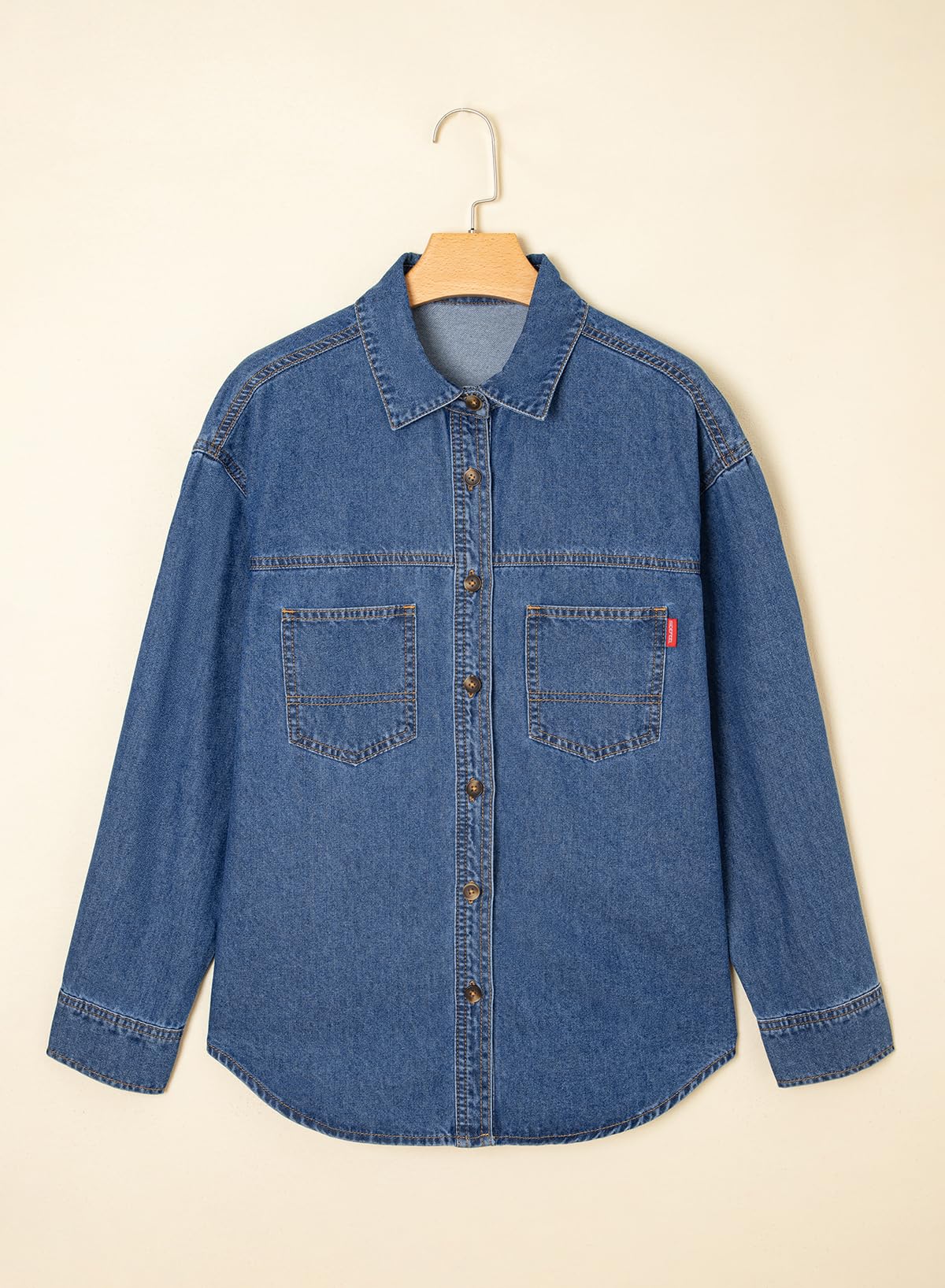 Sidefeel Women Denim Shirts Oversized Long Sleeve Button Down Blouse V Neck Casual Top Shackets