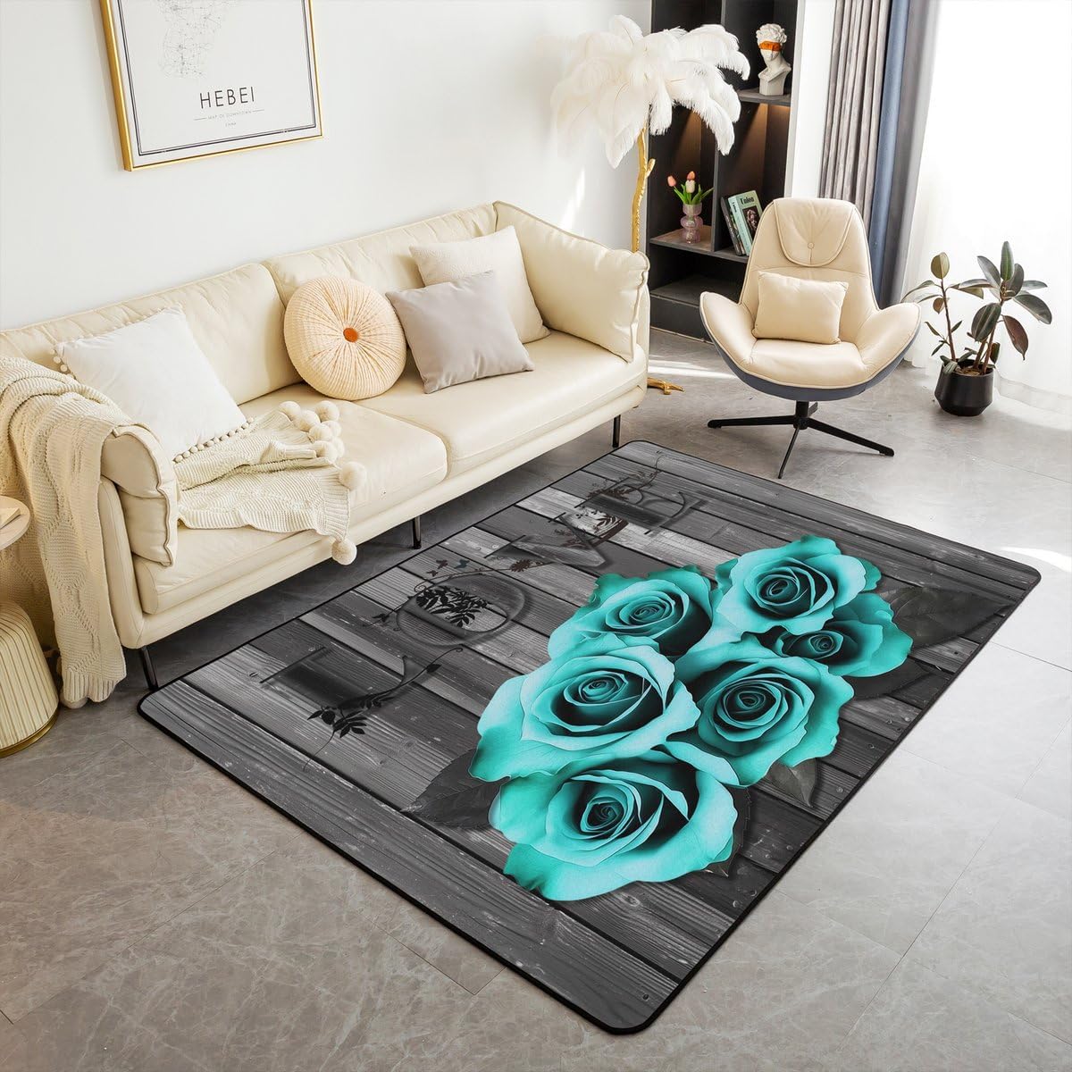 Erosebridal Turquoise Grey Carpet Teal Rose Flowers Area Rugs 3x5 for Bedside for Girls Men Women Valentine Day Wedding Living Room Rug Gifts for Couple Lover,Country Rose Floral Indoor Floor Mat