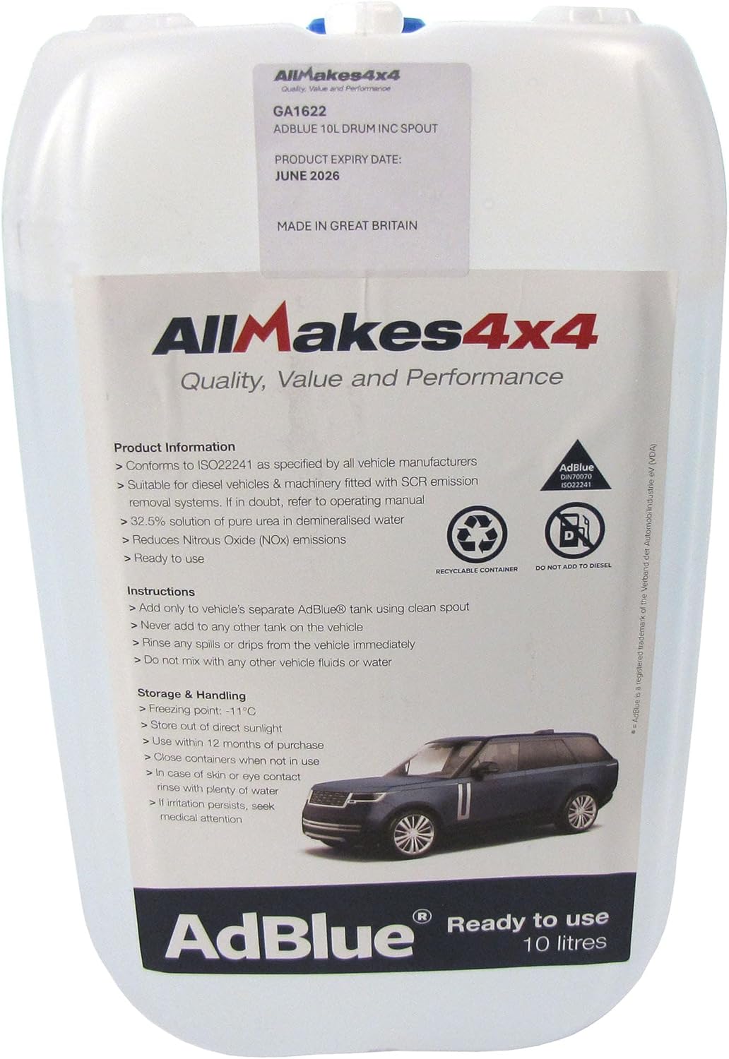 AdBlue Diesel Exhaust Fluid DEF SCR LR072258, Original Equipment, Bulk 2.6-Gallon / 10L Container, Compatible with Land Rover Discovery 5, Range Rover Sport, Velar, And Evoque, Diesel Vehicles Only