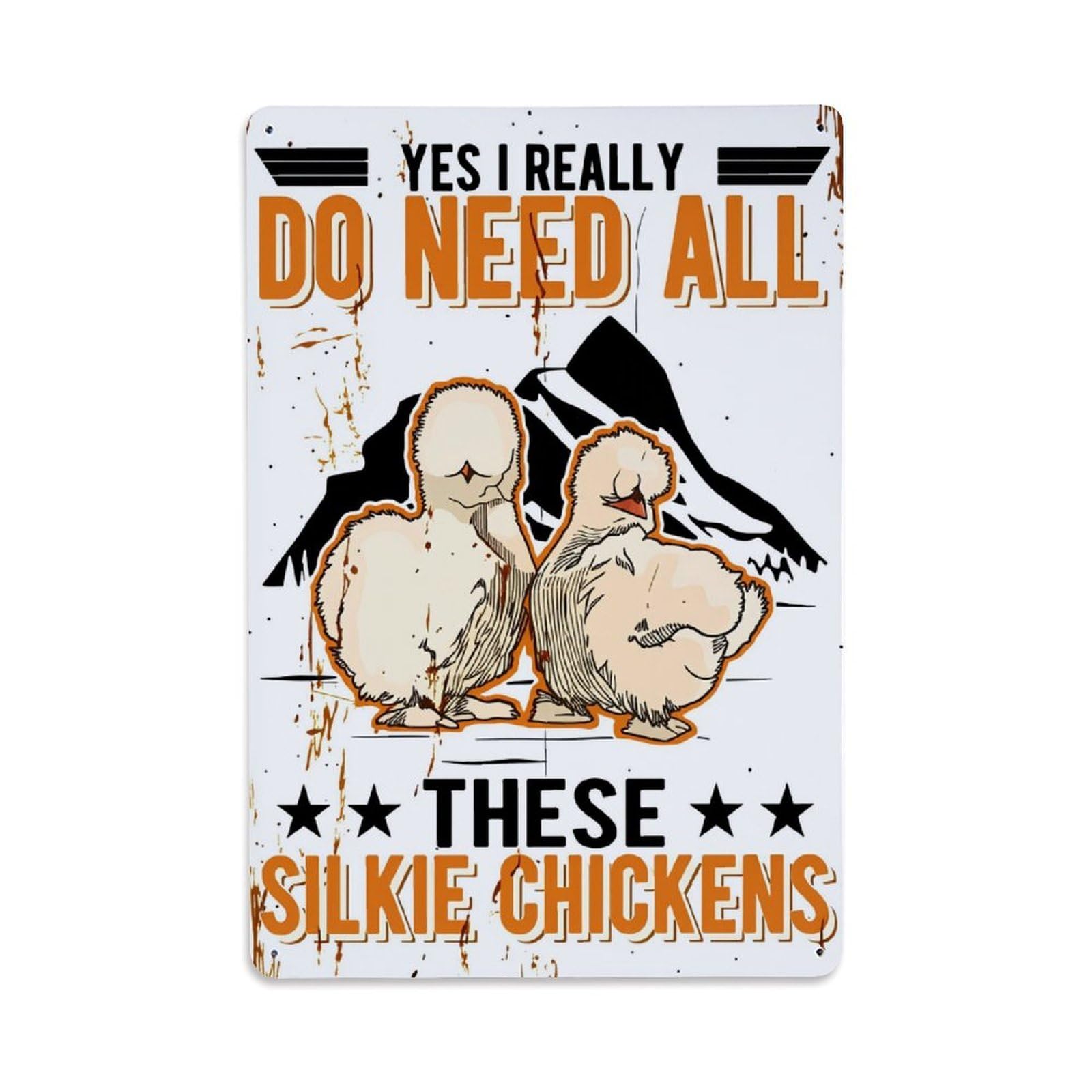 Silkie Chickens With Mountain Background Retro Metal Tin Sign, Vintage Decor Art Poster for Bar, Home, Man Cave, Kitchen, Laundry Room Gift 8x12Inch