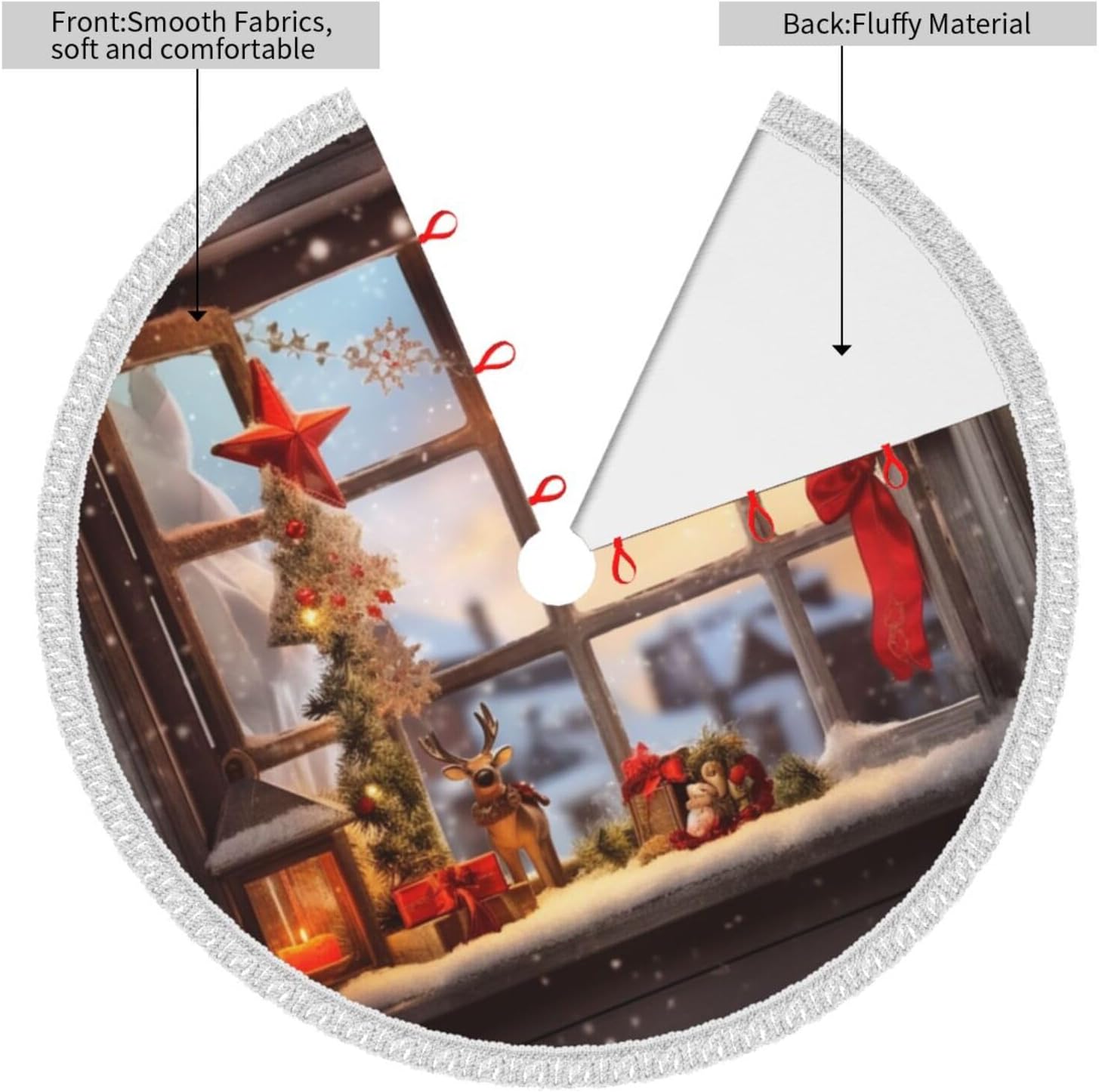 Christmas Window Print Christmas Tree Skirts with Tassel Soft Christmas Tree Mat Xmas Tree Skirt Ornaments Traditional Christmas Tree Carpet Soft for Holiday Party Xmas Decorations 48"