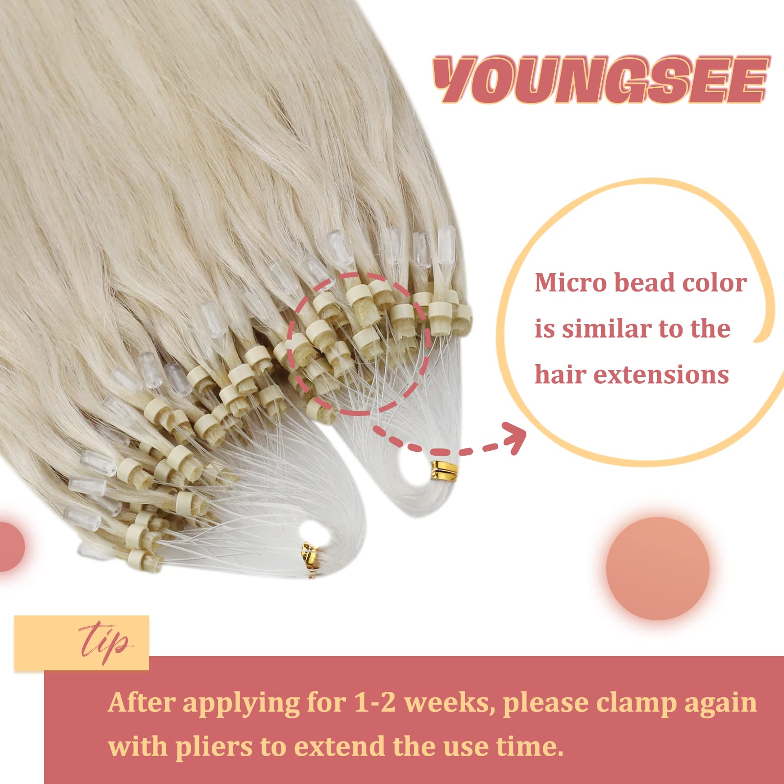 YoungSee Micro Loop Hair Extensions Blonde 16inch Micro Hair Extensions Platinum Blonde Remy Micro Bead Hair Extension White Blonde for Wedding Pre Bonded Cold Fusion 50s 50g - Image 3