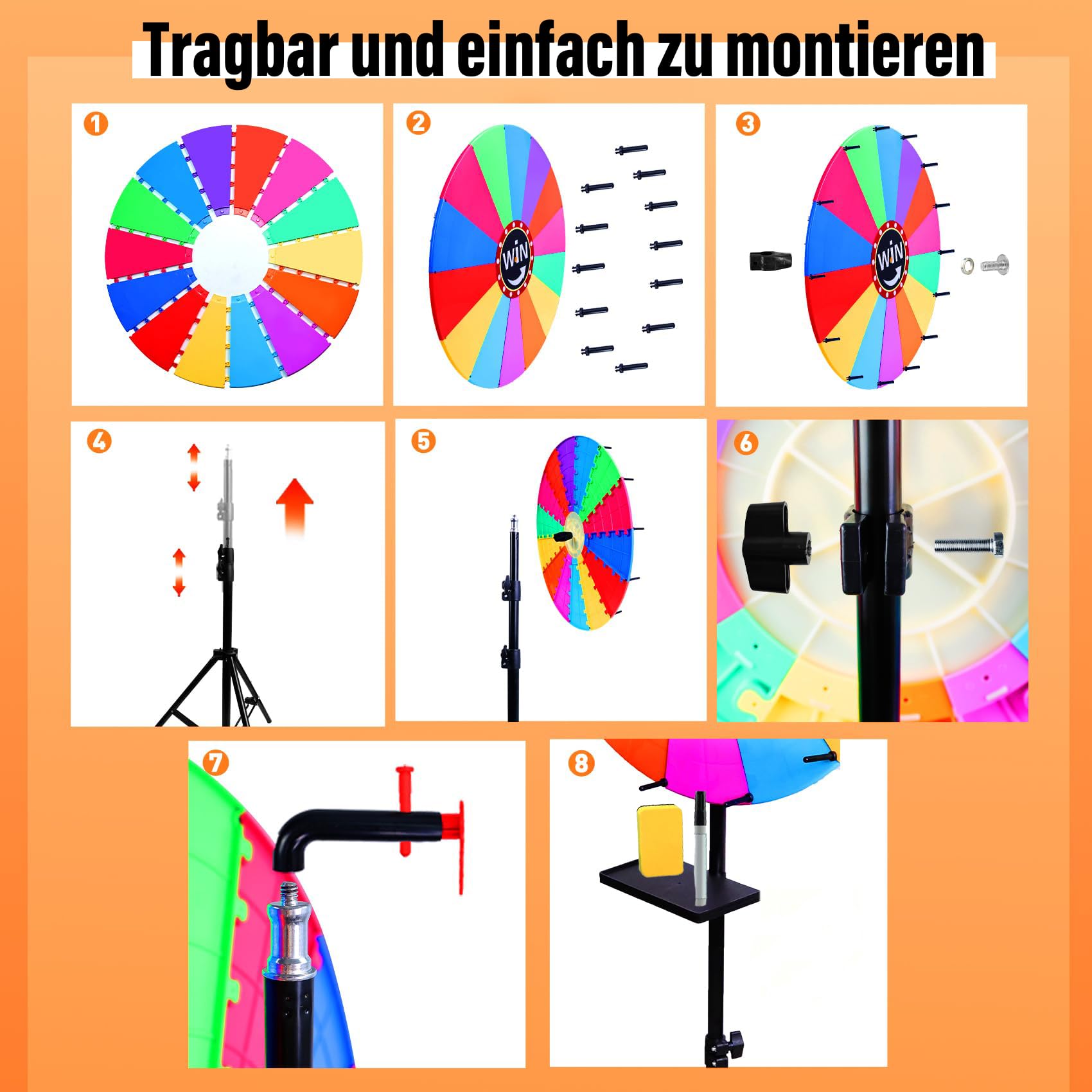 Drehbares Preisrad 61 cm, 14 Farben, verstellbar 94-165 cm, löschbares Kritzelspiel
