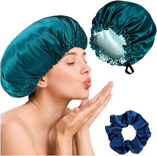 Silk Turban-Style Hair Bonnet, Double Layer Satin Lined Sleep Cap, Adjustable Tie Band Curly Hair Night Bonnet for Braided and Curly Hairstyles (Blue)