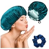 Silk Turban-Style Hair Bonnet, Double Layer Satin Lined Sleep Cap, Adjustable Tie Band Curly Hair Night Bonnet for Braided and Curly Hairstyles (Blue)