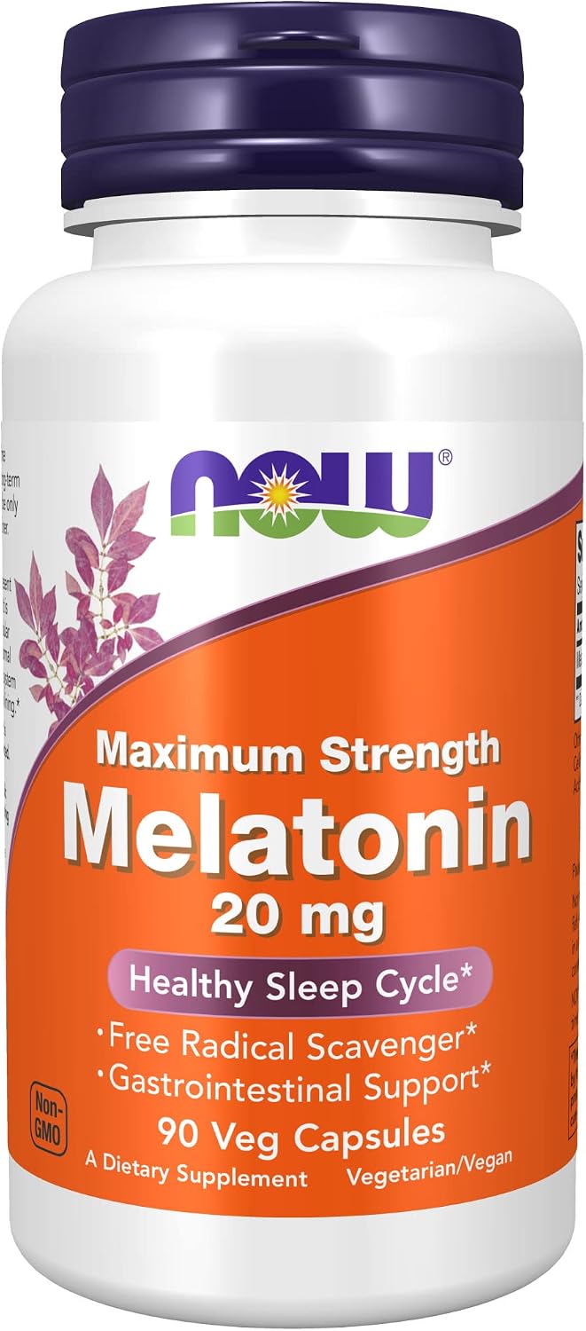 NOW Supplements, Maximum Strength Melatonin 20 mg, Healthy Sleep Cycle*, Free Radical Scavenger*, Gastrointestinal Support*, 90 Veg Capsules