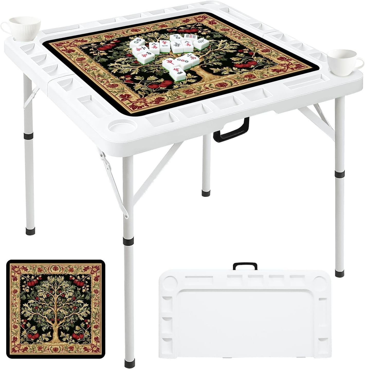 Folding Mahjong Table with Red Paisley Bandana White Ornamental Floral Motifs Wear-Resistant Mahjong Mat, 4 Cup Holders & Chip Trays for 4 Players Square Portable Card Table for Poker Domino