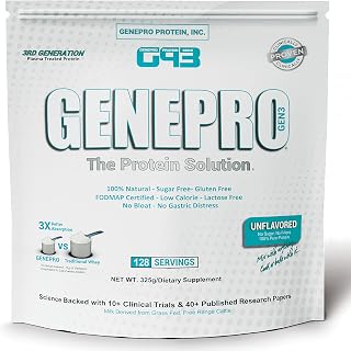 GENEPRO GEN. 3 Unflavored Protein Powder - New Formula - Lactose-Free, Gluten-Free, & Non-GMO Whey Isolate Supplement Shake (3rd Generation, 128 Servings)
