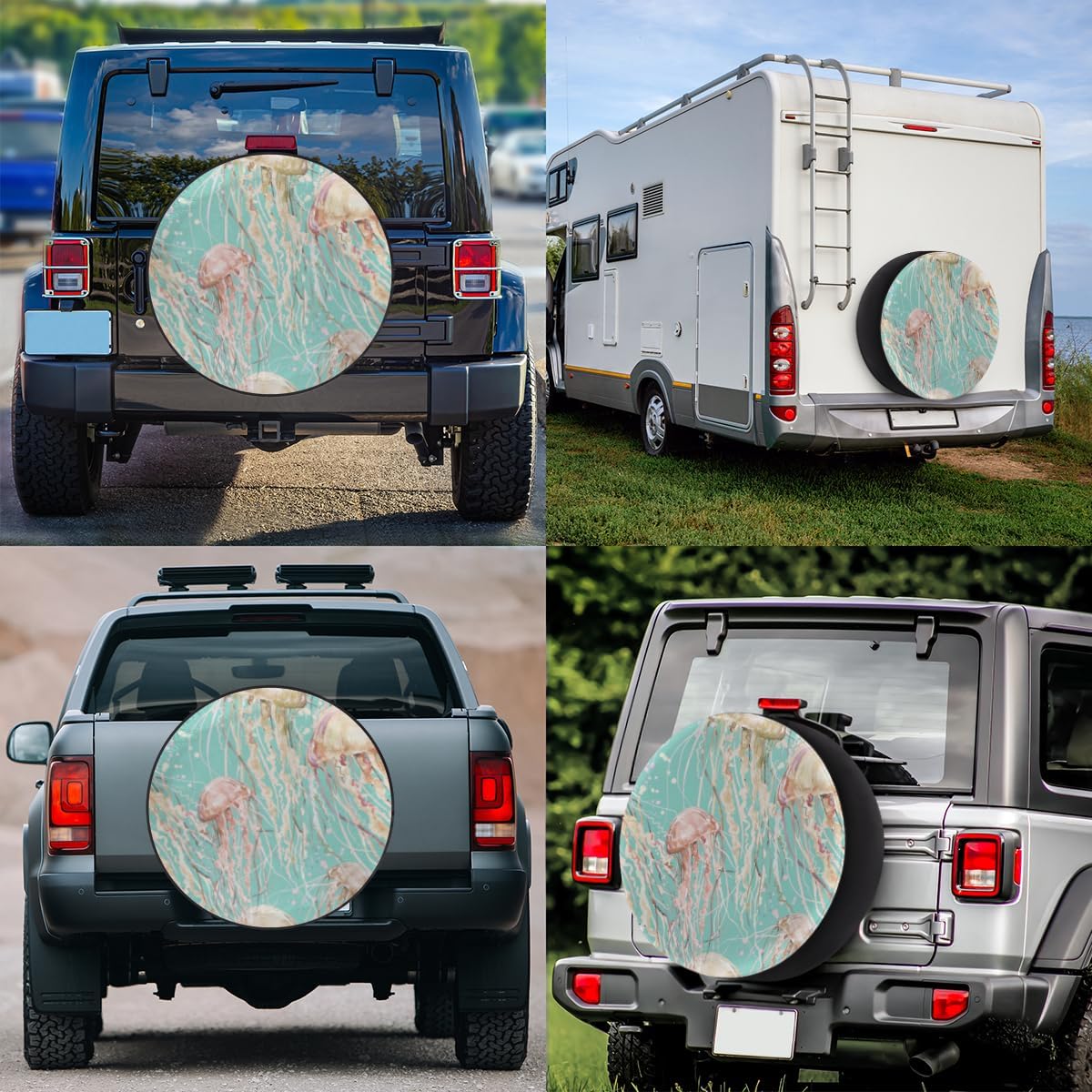Abstract Jellyfish Tire Covers Portable Spare Tire Cover Soft Durable Waterproof Dustproof 3 Sizes 14 15 16 Inches for Car Truck SUV Trailer Camper