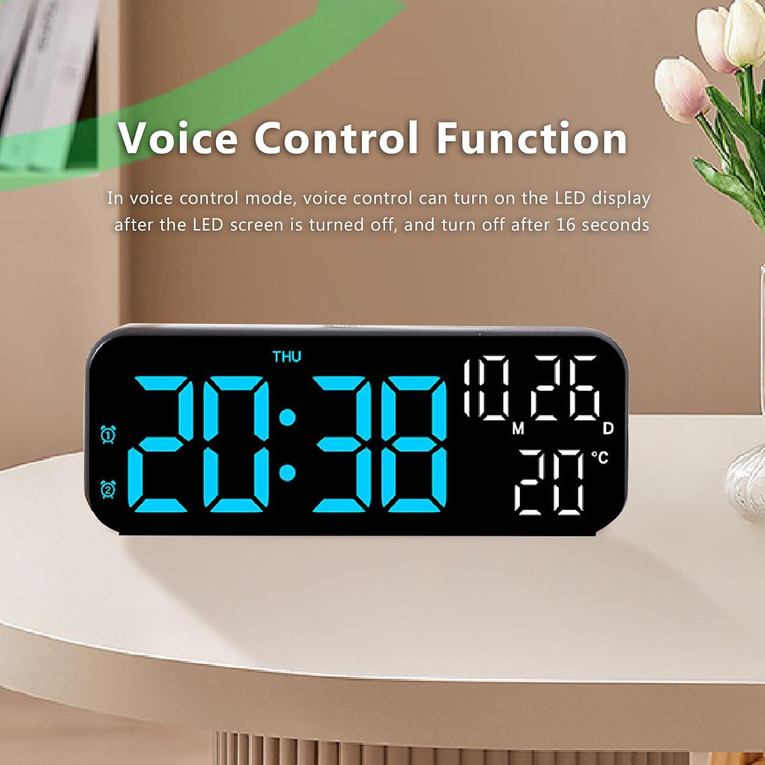 CCYLEZ LED Alarm Clock, Soft Light Multi Function Digital Clock Voice Control with Countdown Timer for Bedroom (Black Blue Lamp)