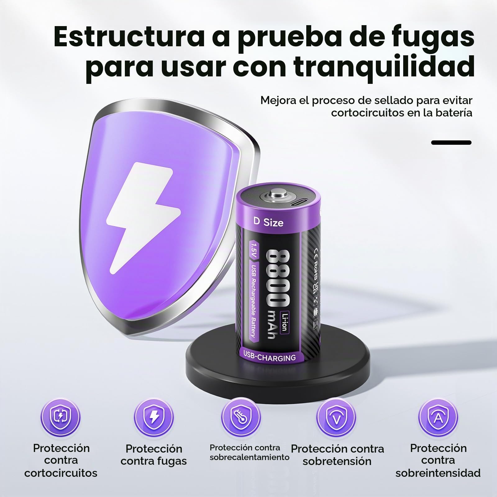 1,5V Baterías Litio USB-C D LR20 8800mAh Batería Carga Rápida Tipo-C Baterías con Cable de Carga, Baja Autodescarga, con Luz de Carga, 1500+ Ciclos, Paquete de 6 Baterías D