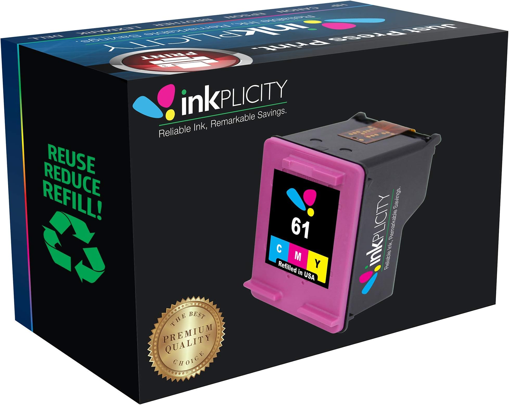 Inkplicity Refilled Ink Cartridge Replacement for HP 61 (Tri-Color)