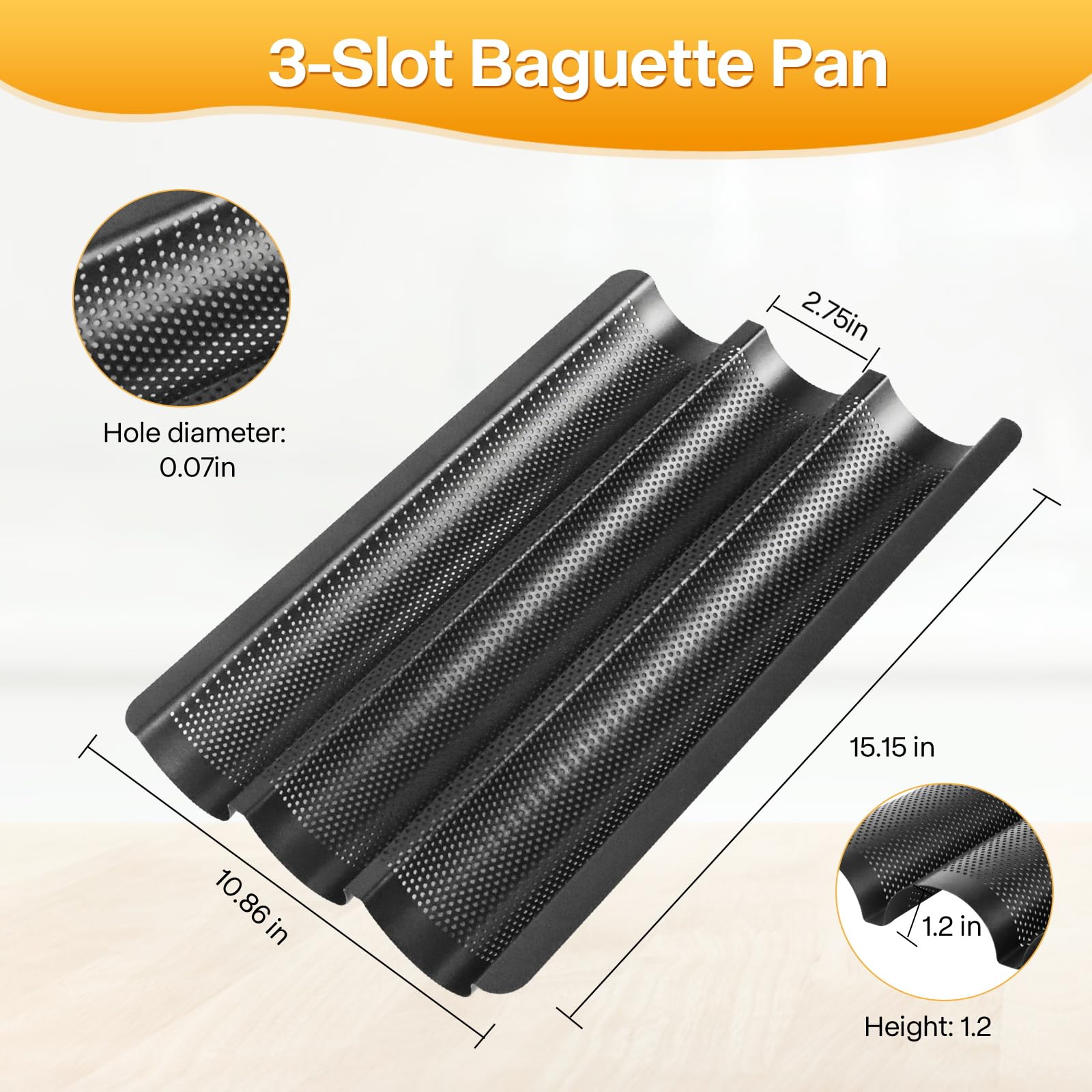 Schwarze Baguette-Brotpfanne, 3 Brotbackformen, antihaftbeschichtet, perforiertes Baguetteblech, ofenfest, gesundes Backzubehör, 38,1 x 27,9 cm, runde Ecken und gleichmäßige Erwärmung