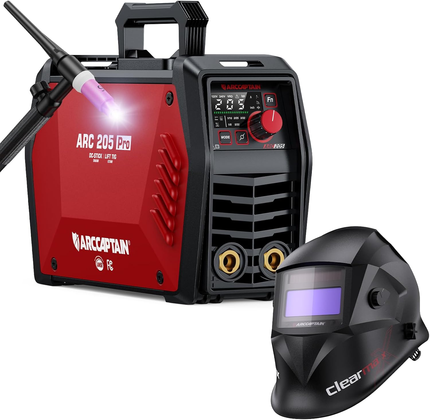 ARCCAPTAIN iControl ARC205 Pro Stick Welder with Lift TIG Torch + Welding Helmet
