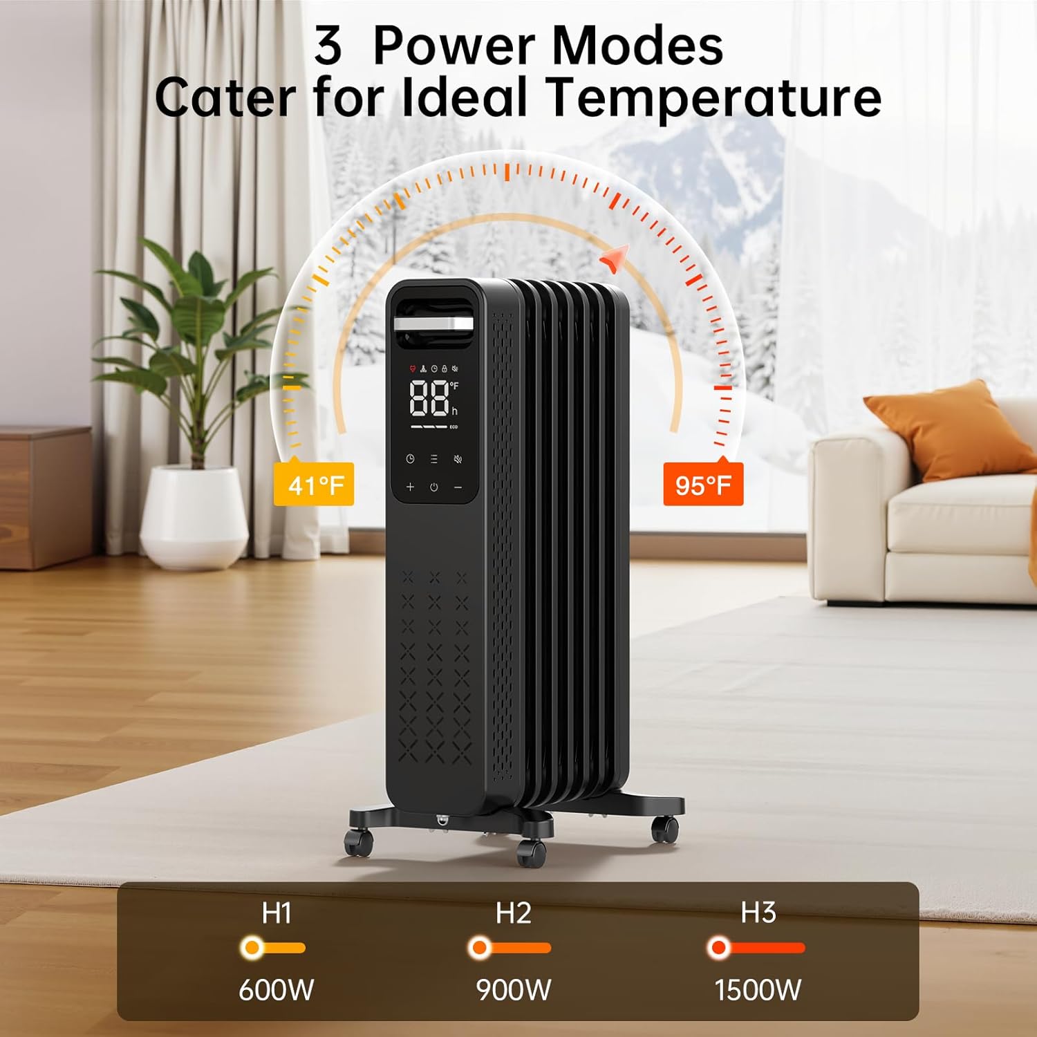 ZAFRO Oil Filled Radiator Heater digital control panel with temperature and power settings