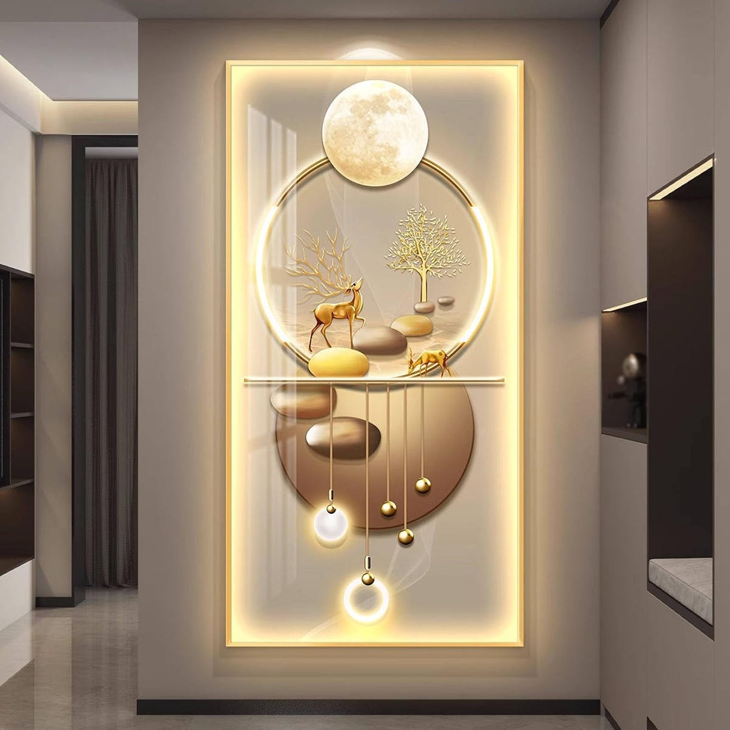 SYXHJTFZ Modern 3D LED Wall Art for Living Room Remote Control Dimmable Wall Decor, Handcrafted Crystal Porcelain, Aluminum Alloy Frame for Hallway Lobby(L,19.69x39.37in)