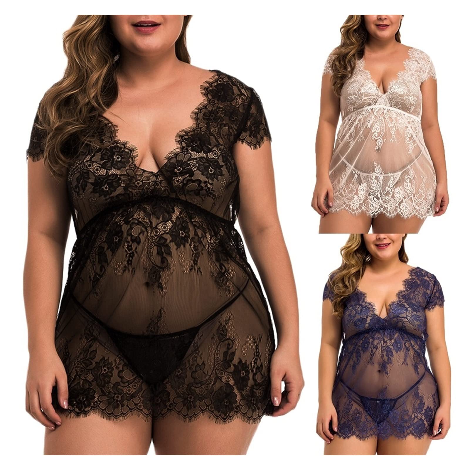 Damskie koszulki i peniuary Damskie Plus Size Dekolt w kształcie litery V Koronkowa seksowna bielizna Koszula nocna Bielizna nocna ze stringami (Kolor: granatowy, rozmiar: 4X-duży) (czarny 4XL)