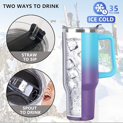 Miniatura 3 de Vaso de 40 onzas con asa y popote, vaso aislado de acero inoxidable con tapa a prueba de fugas y tapa con popote, botella de agua reutilizable, taza