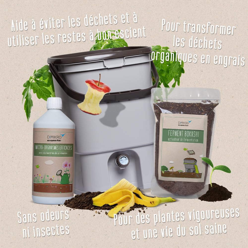 Kit de démarrage Bokashi - Design japonais - 2 seaux (gris) + ferment Bokashi + EM actif + brochure Bokashi