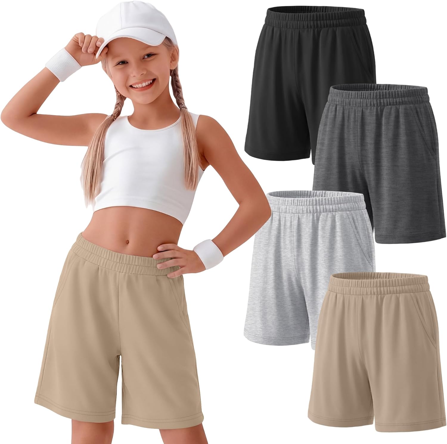 4 Pack Girls Bermuda Shorts Knee Length Straight Leg Athletic Shorts Kids Elastic Waist Summer Loose Long Shorts