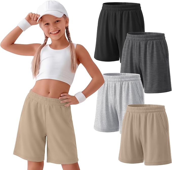YooAurvox 4 Pack Girls Bermuda Athletic Shorts | Girls Knee Length Shorts, Long Shorts, Elastic Waist, Loose Fit, Back to School, Summer Pants, 5-14 Y